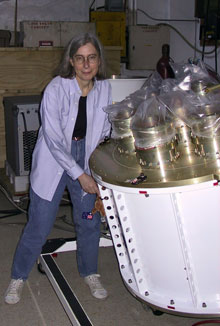 Martha Haynes with the Arecibo L-band Feed Array (ALFA) when it arrived at the Arecibo Observatory (Puerto Rico) in April 2004.
