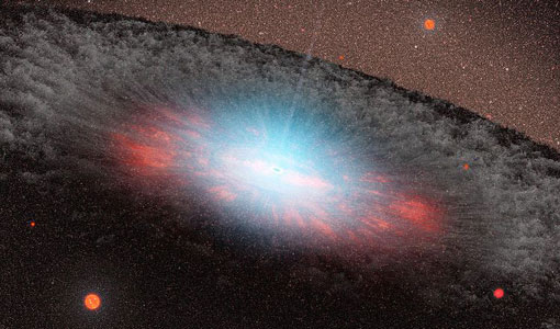 This artist's concept depicts a supermassive black hole at the center of a 