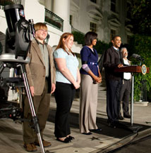 President Barack Obama and First Lady Michelle Obama host an astronomy event on the South Lawn of the White House, October 7, 2009. Participants include: Dr. John Holdren, Office of Science and Technology Policy; Caroline Moore, the youngest person to discover a supernova; and Lucas Bolyard, who recently discovered anomalous pulsar. (Official White House Photo by Chuck Kennedy)