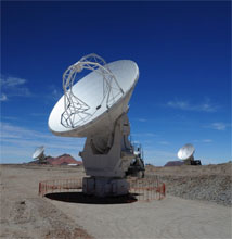 Figure 1: Three ALMA antennas await commissioning at the 5000m Array Operations Site in  northern Chile. Image courtesy ALMA (ESO/NAOJ/NRAO), W. Garnier (JAO)