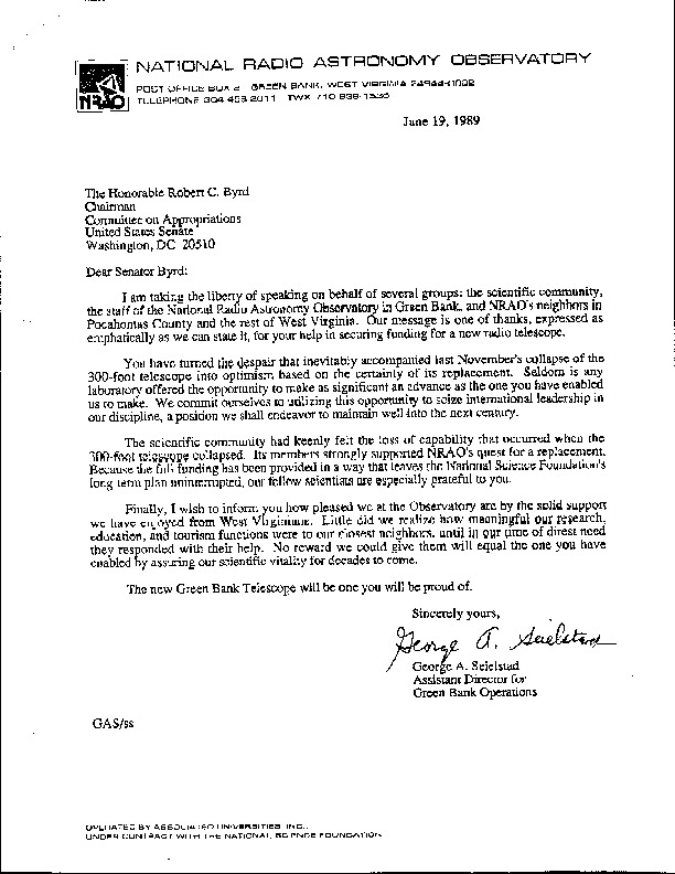 Letter from George A. Seielstad and NRAO staff to Sen. Robert C. Byrd, 19 June 1989