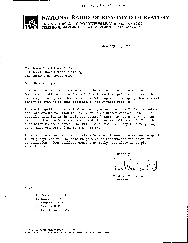 Letter from Paul A. Vanden Bout to Sen. Robert C. Byrd on 18 January 1991
