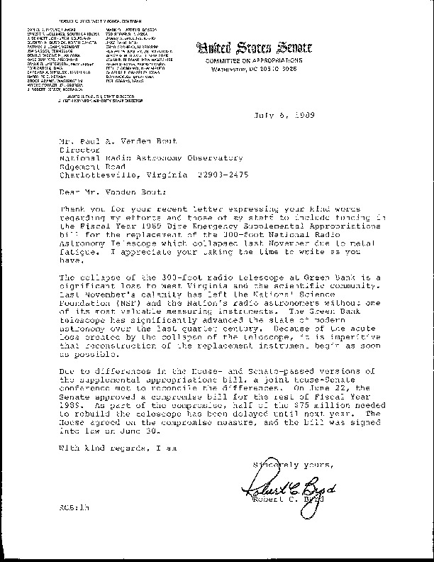 Letter from Sen. Robert C. Byrd to Paul A. Vanden Bout on 6 July 1989