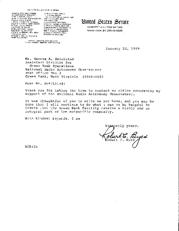 Letter from Sen. Robert C. Byrd to George A. Seielstad, 23 January 1989