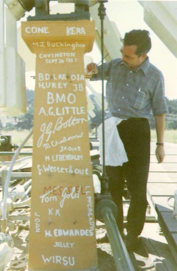 Ron Bracewell touching up signature pier on spectroheliograph dish