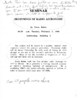 Reber seminar announcement:  Beginnings of Radio Astronomy