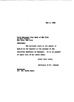 Secretary to Mr. Schauer to First National City Bank of New York re: Cover letter for check to Instituto Geofisico de Huancayo