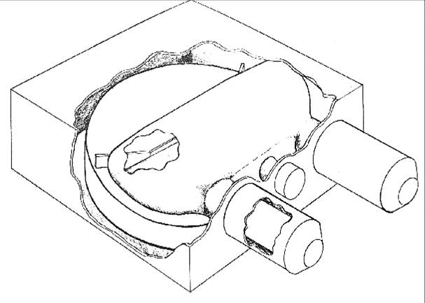 [Sketch of Dee structure with stubs and rotating condensor location]