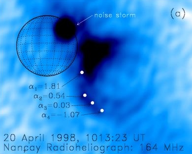 Radio image of coronal mass ejection; circle indicates the size and location of the Sun. White dots are where radio spectral measurements were made.
